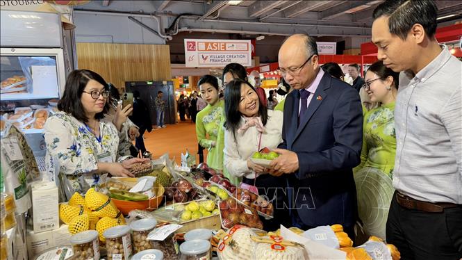 Đại sứ Việt Nam tại Pháp Đinh Toàn Thắng tham quan các gian hàng Việt Nam. 